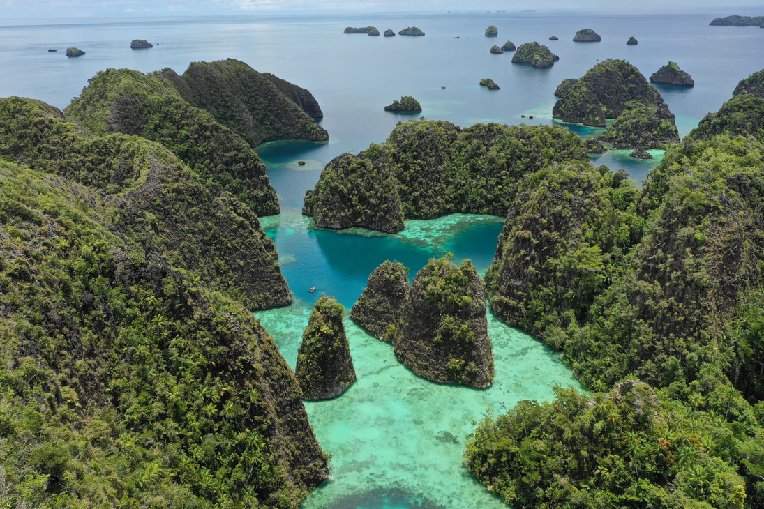 Majestic coral formations in Raja Ampat's blue ocean, seen from a drone. Serene beauty of the open sea.